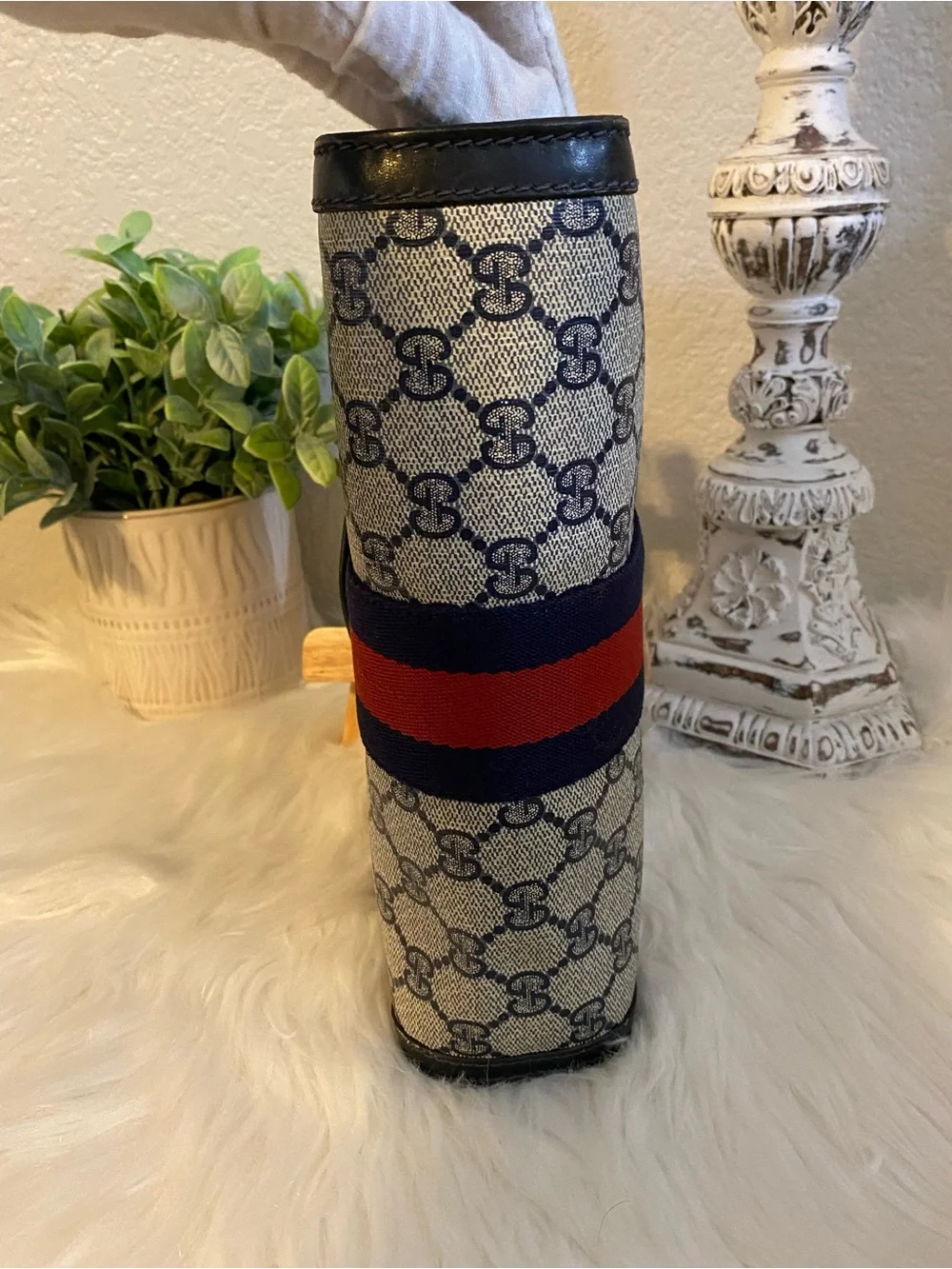 Gucci Parfume Beige/Navy/Red GG Canvas Fold-Over Clutch or Pouch with Web Stripe